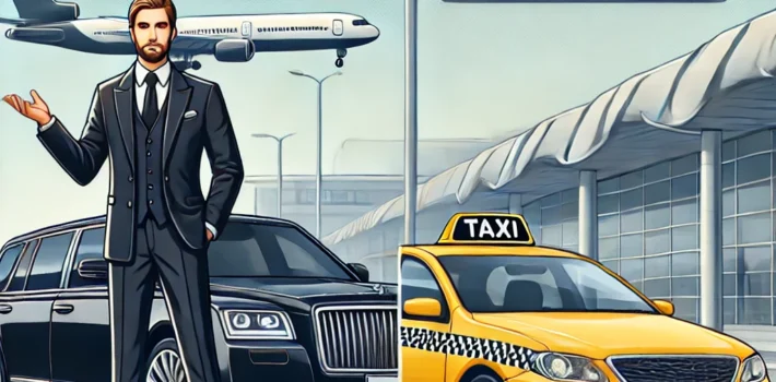 Side-by-side comparison of a luxurious chauffeur-driven car and a standard taxi at Melbourne Airport.