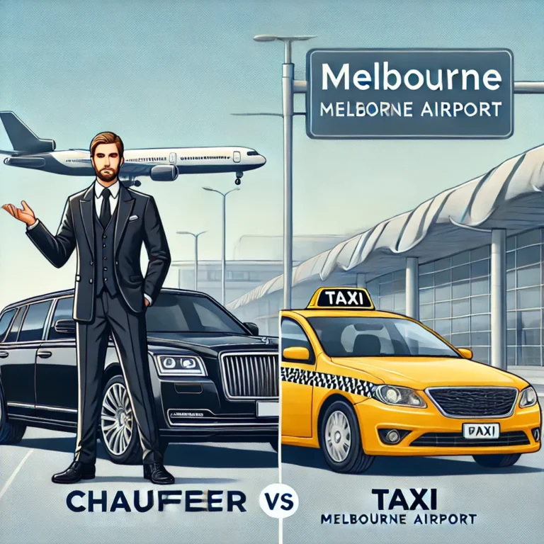 Side-by-side comparison of a luxurious chauffeur-driven car and a standard taxi at Melbourne Airport.